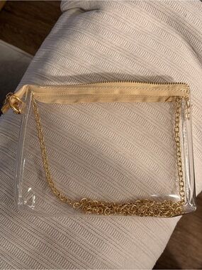Clear PVC Wristlet Bag with Gold Chain - Beige Trim